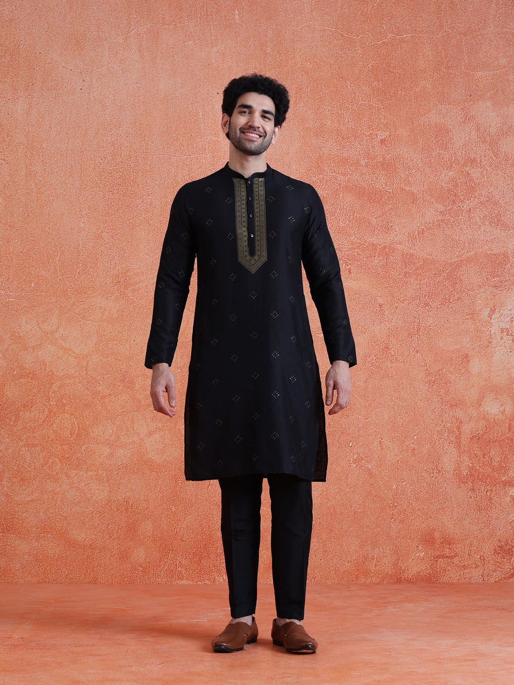 Black Silk Blend Jacquard Long Kurta