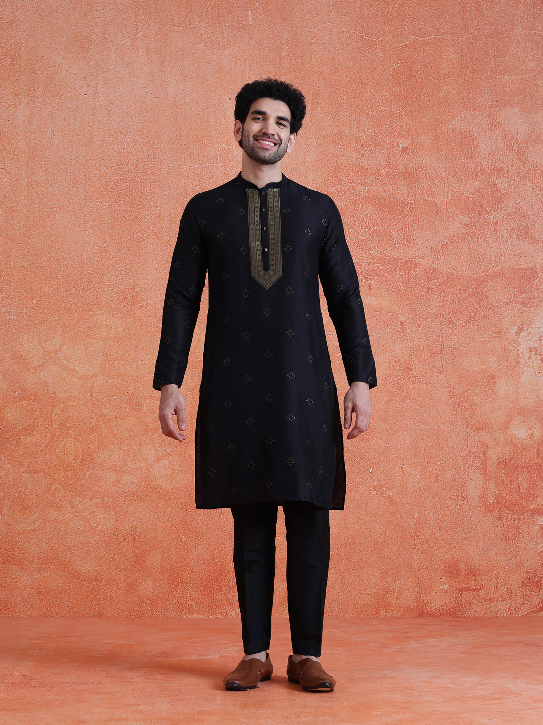 Black Silk Blend Jacquard Long Kurta
