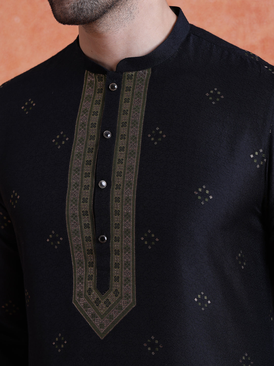 Black Silk Blend Jacquard Kurta Trouser Set