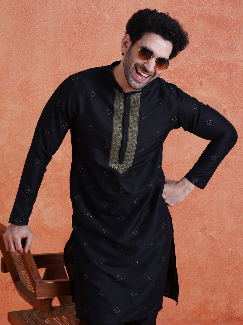 Black Silk Blend Jacquard Kurta Trouser Set