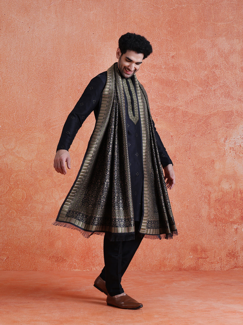 Blue Silk Blend Jacquard Kurta Trouser Set With Dupatta