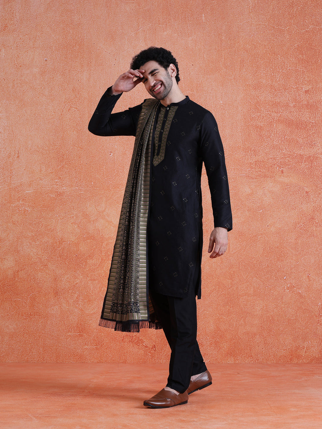 Blue Silk Blend Jacquard Kurta Trouser Set With Dupatta
