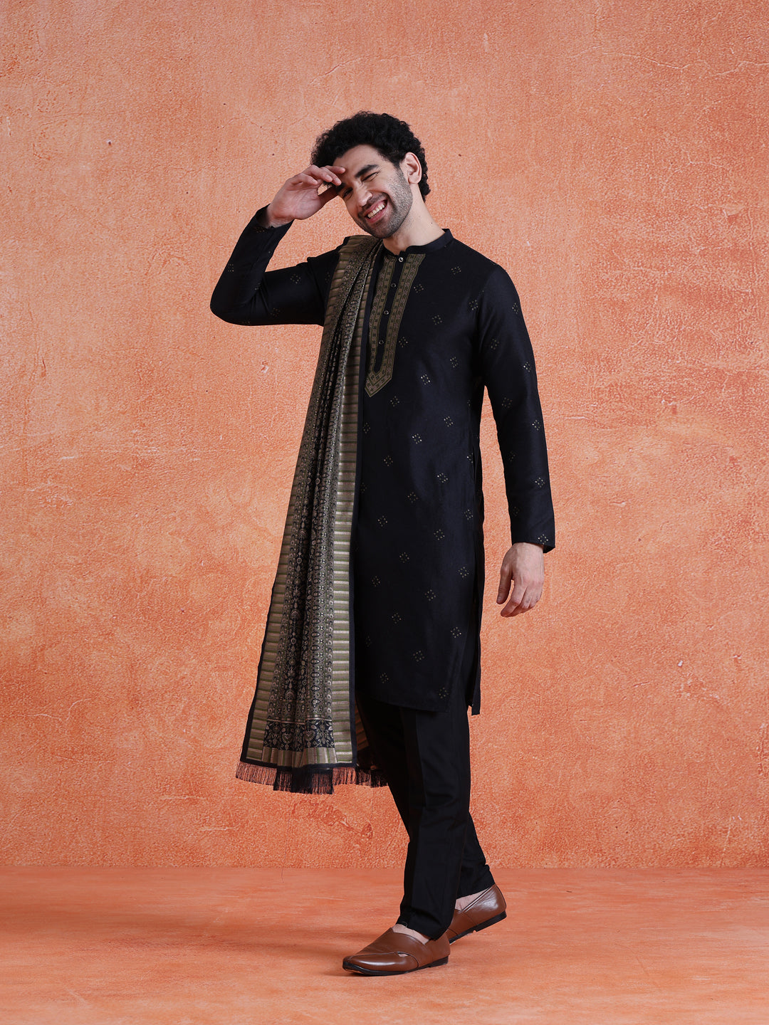 Blue Silk Blend Jacquard Kurta Trouser Set With Dupatta