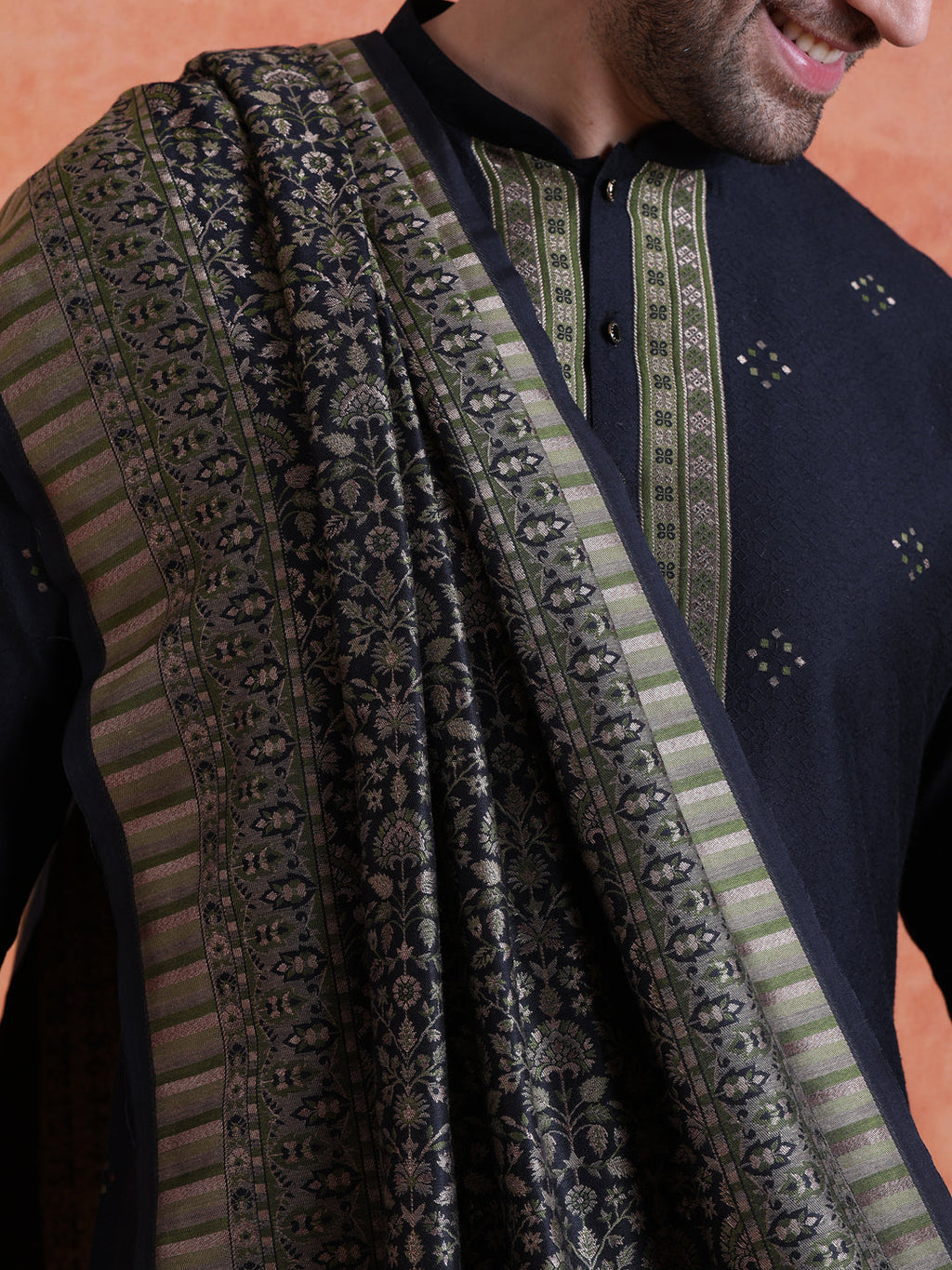 Blue Silk Blend Jacquard Kurta Trouser Set With Dupatta