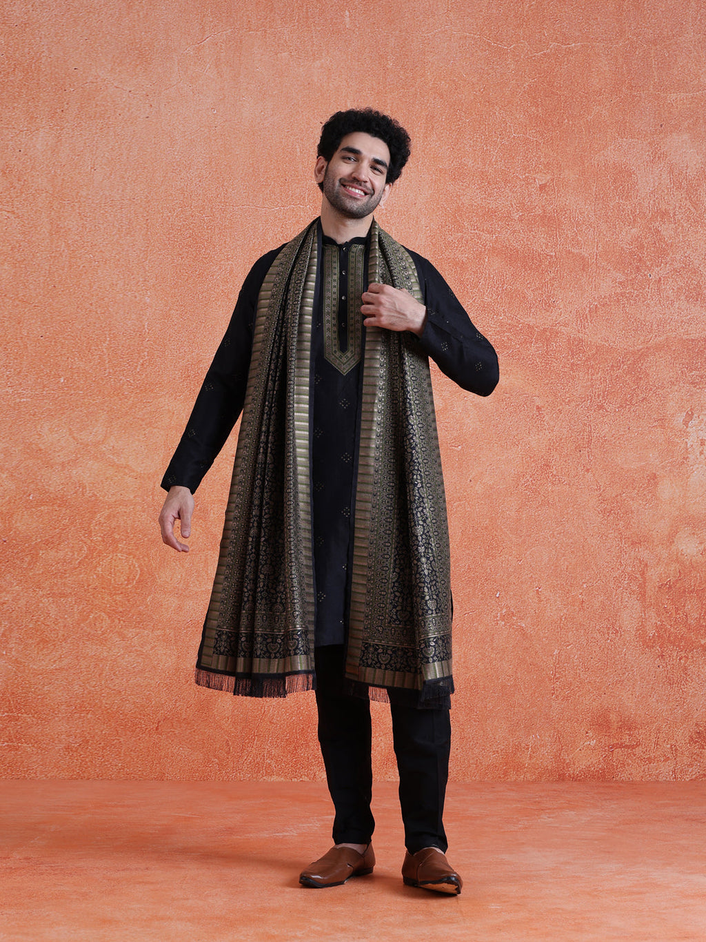 Blue Silk Blend Jacquard Kurta Trouser Set With Dupatta