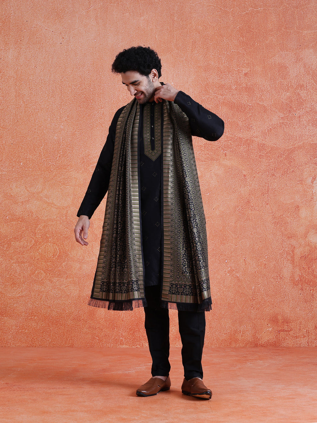 Blue Silk Blend Jacquard Kurta Trouser Set With Dupatta