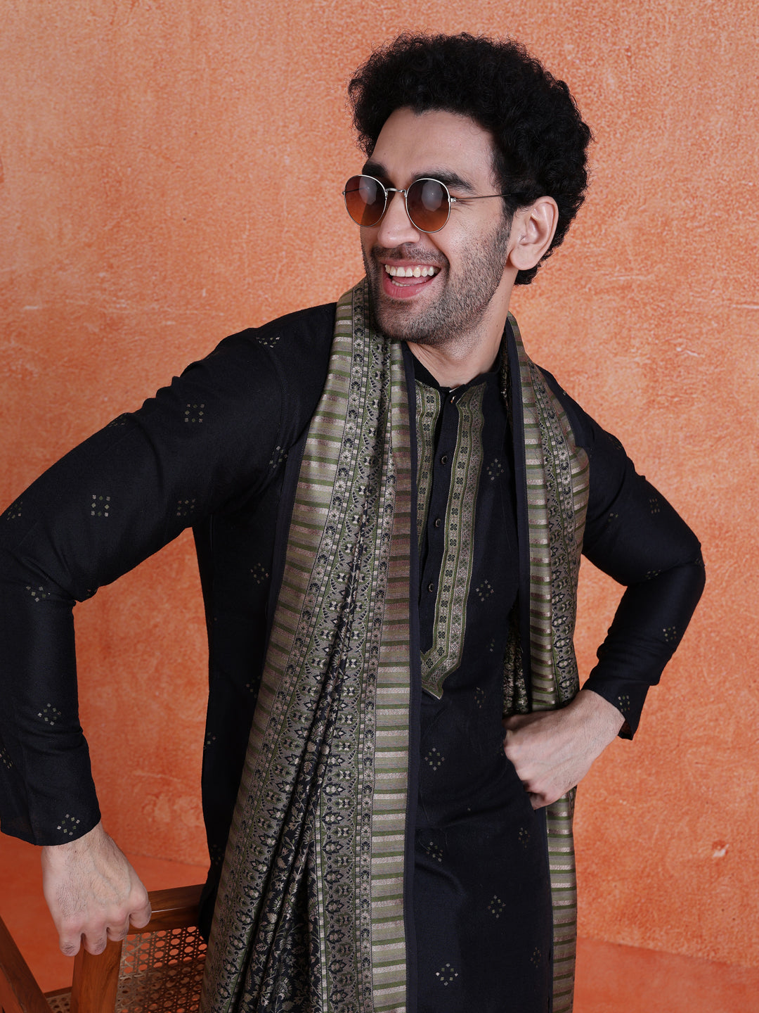 Blue Silk Blend Jacquard Kurta Trouser Set With Dupatta