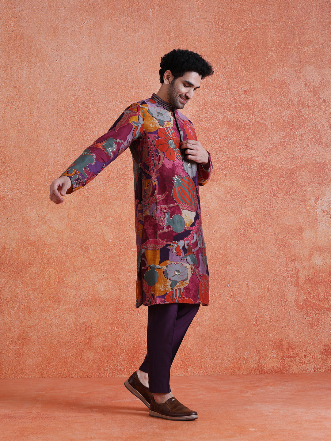 Multi-Color Silk Blend Printed Long Kurta