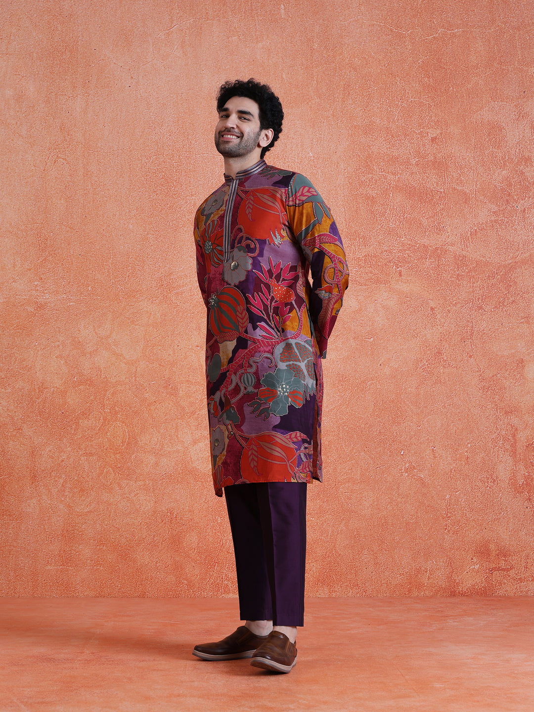 MultiColor Silk Blend Printed Kurta Trouser Set