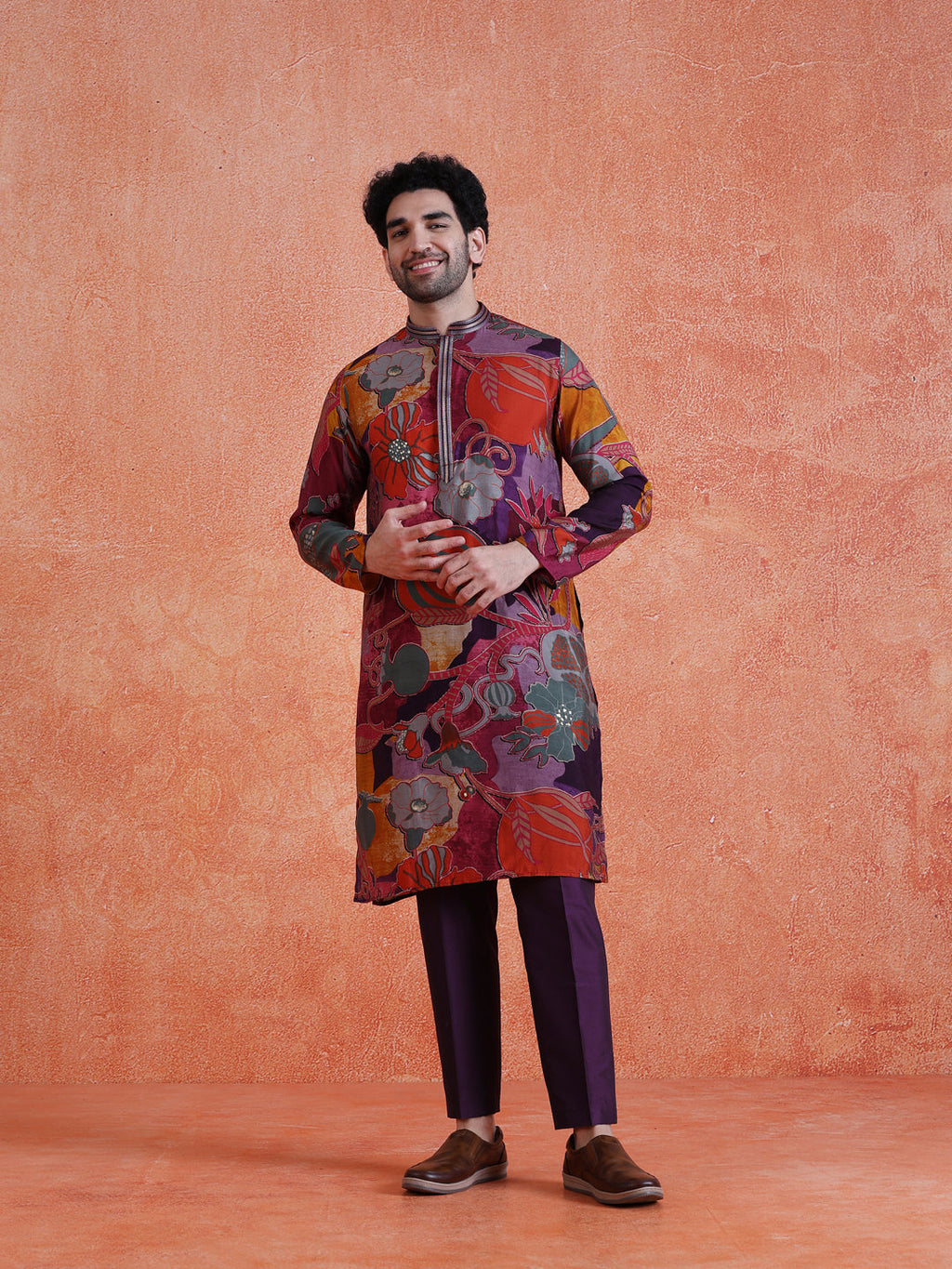 MultiColor Silk Blend Printed Kurta Trouser Set