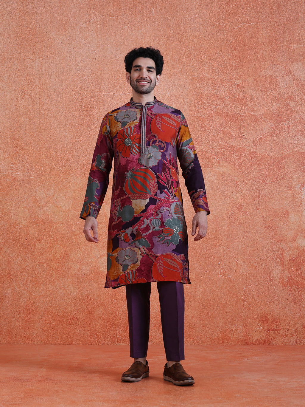 MultiColor Silk Blend Printed Kurta Trouser Set