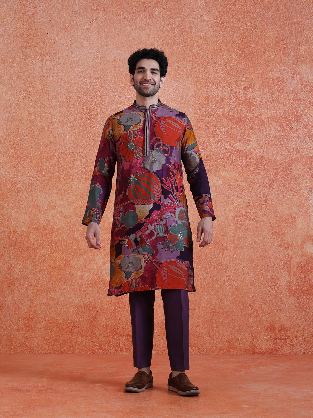 MultiColor Silk Blend Printed Kurta Trouser Set