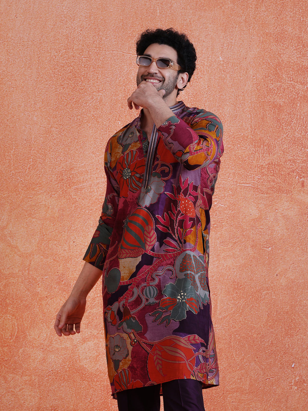 MultiColor Silk Blend Printed Kurta Trouser Set