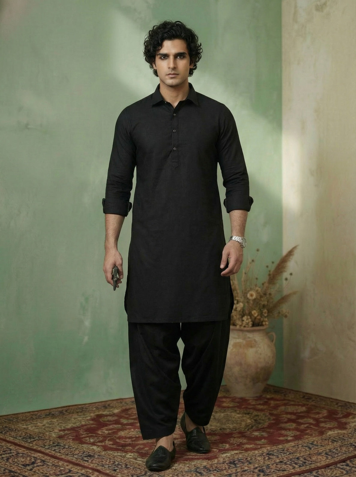 Black Denim Solid Pathani Kurta
