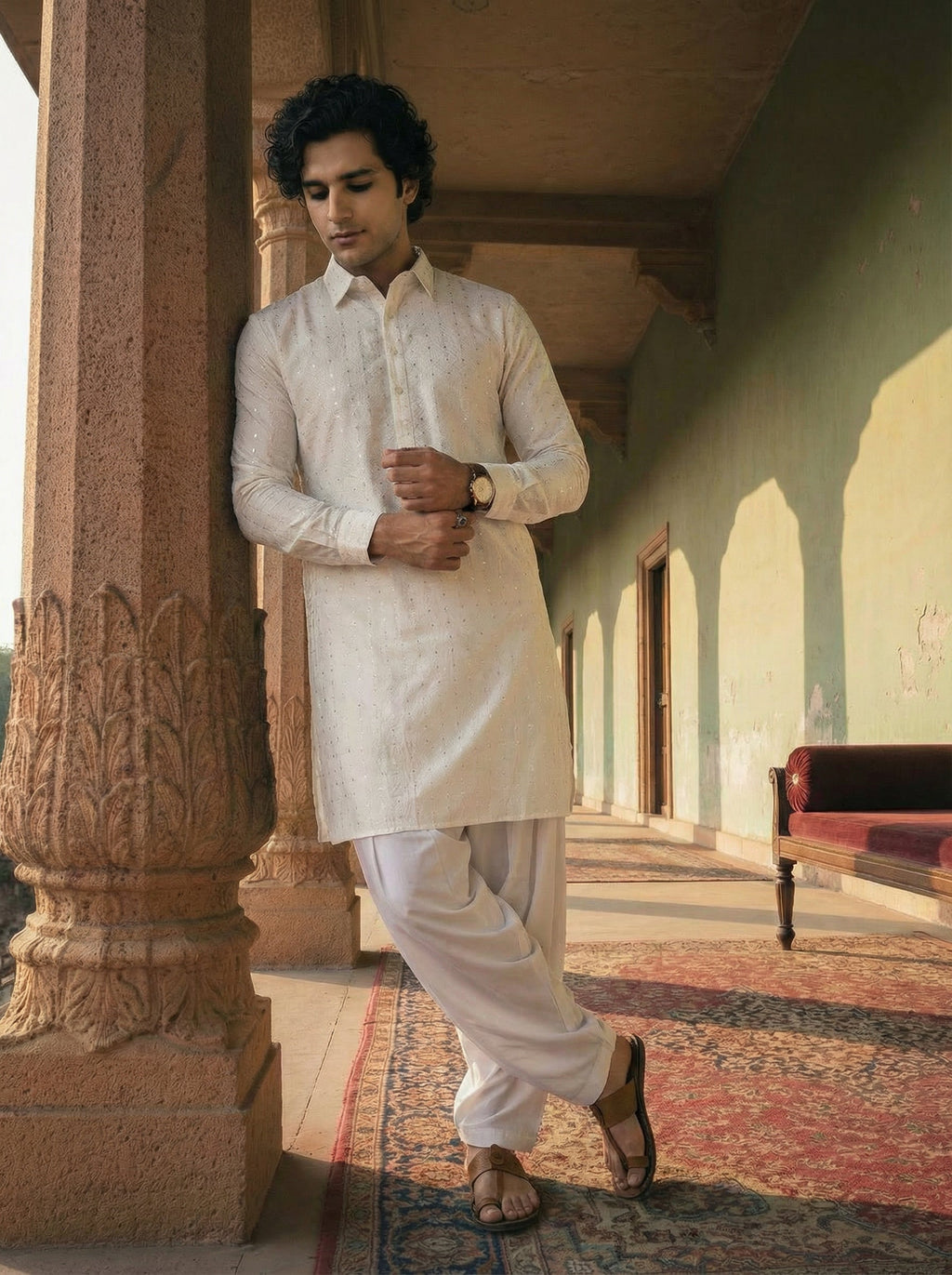 White Viscose Embellished Pathani Kurta