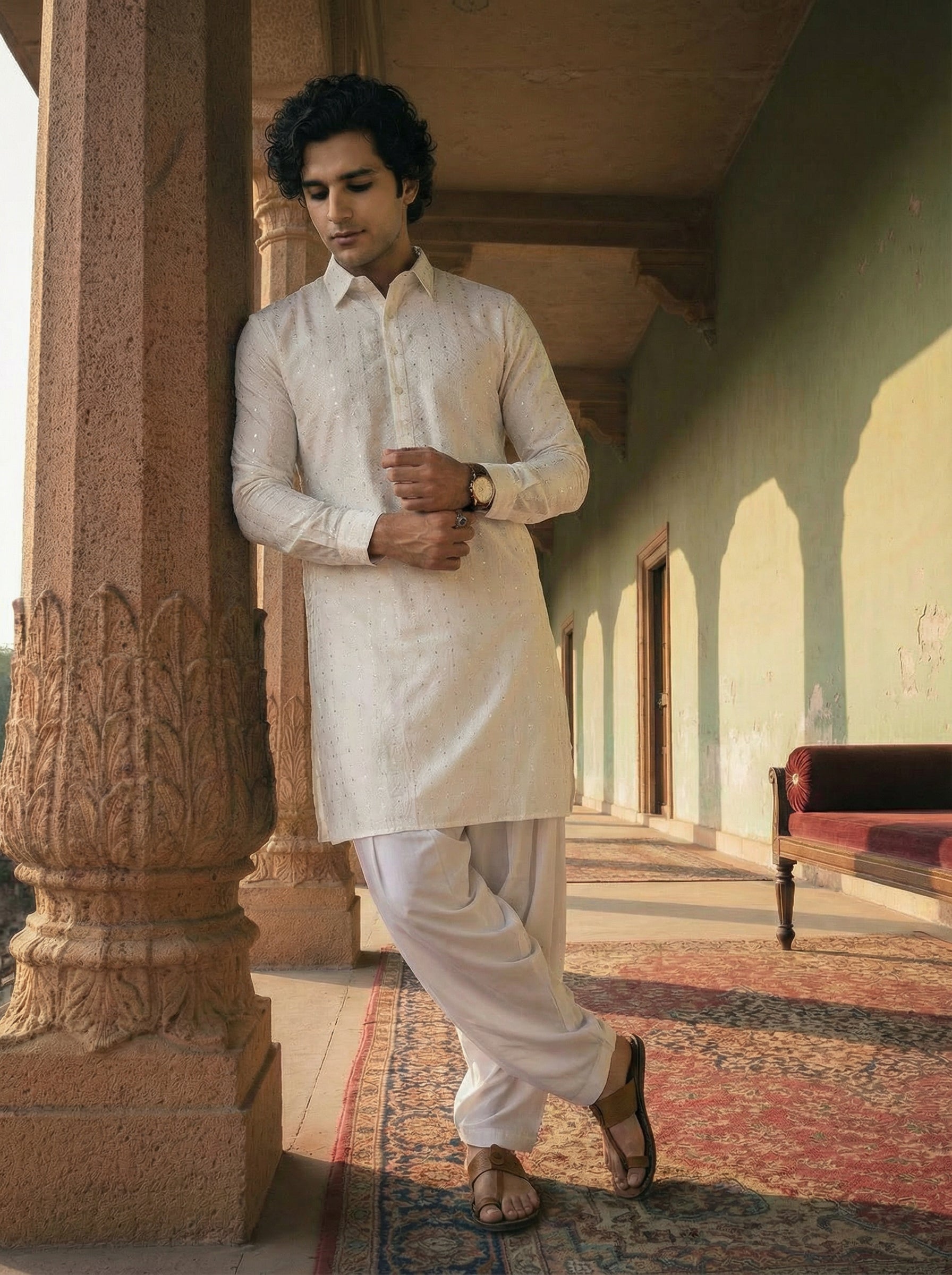 White Viscose Embellished Pathani Kurta