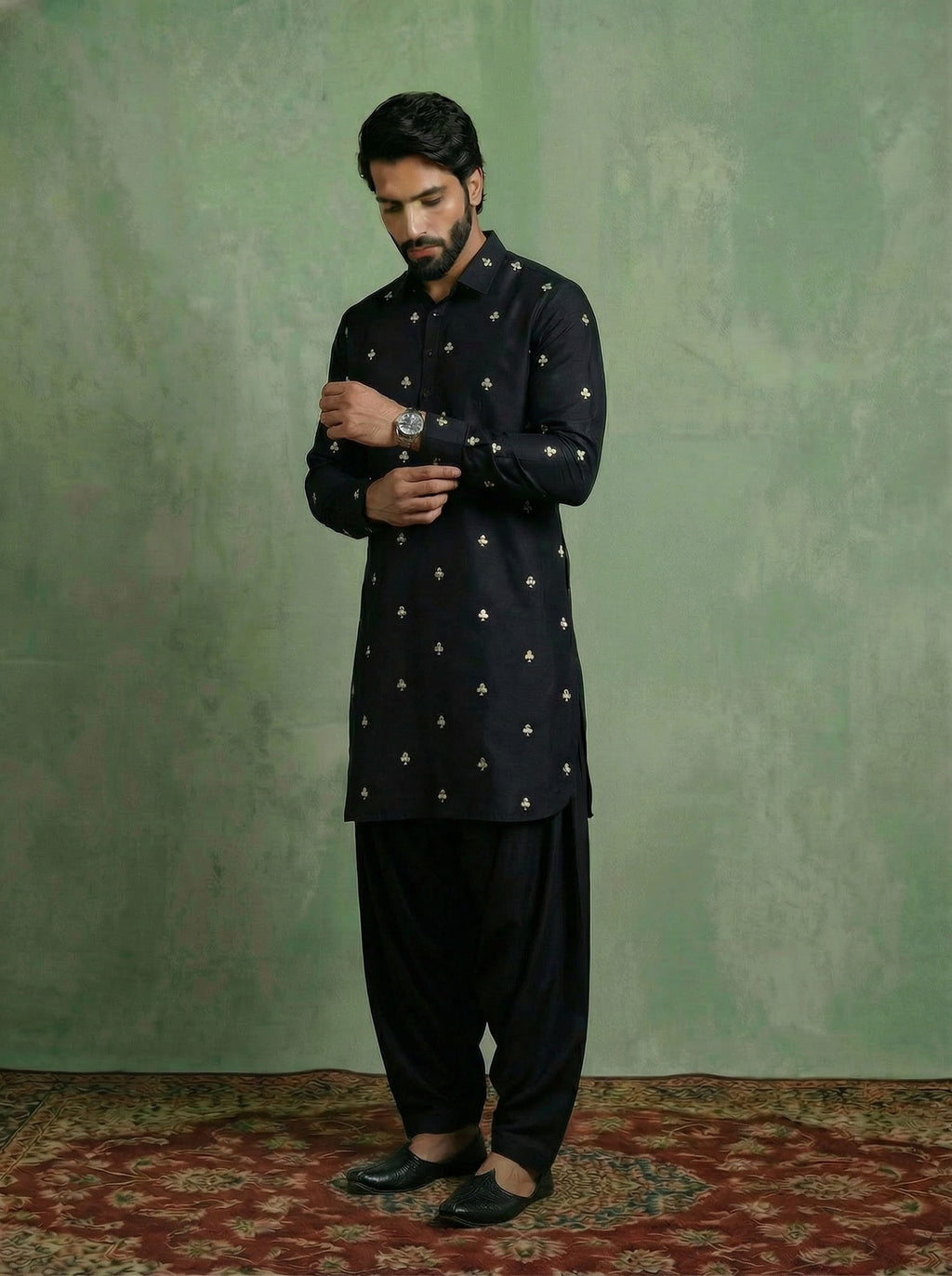 Black Cotton Embroidered Pathani Kurta