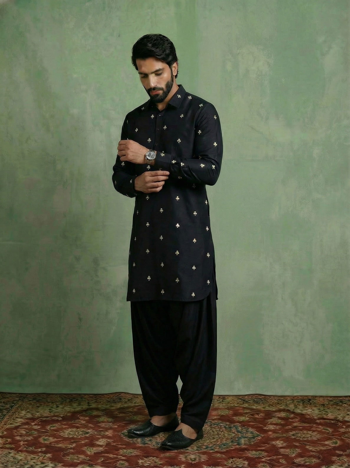 Black Cotton Embroidered Pathani Kurta
