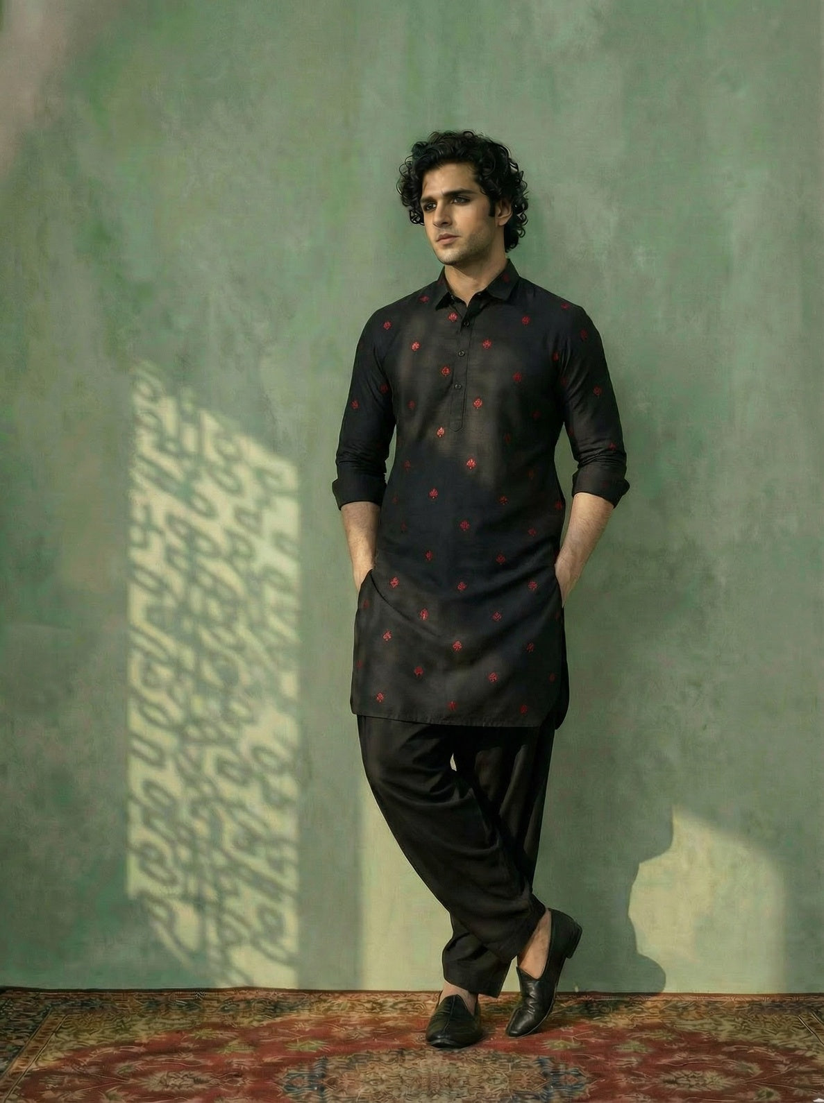 Black Cotton Embroidered Pathani Kurta
