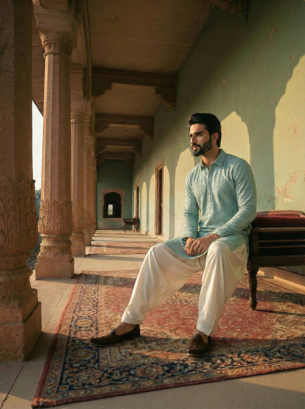 Green Viscose Embroidered Pathani Kurta