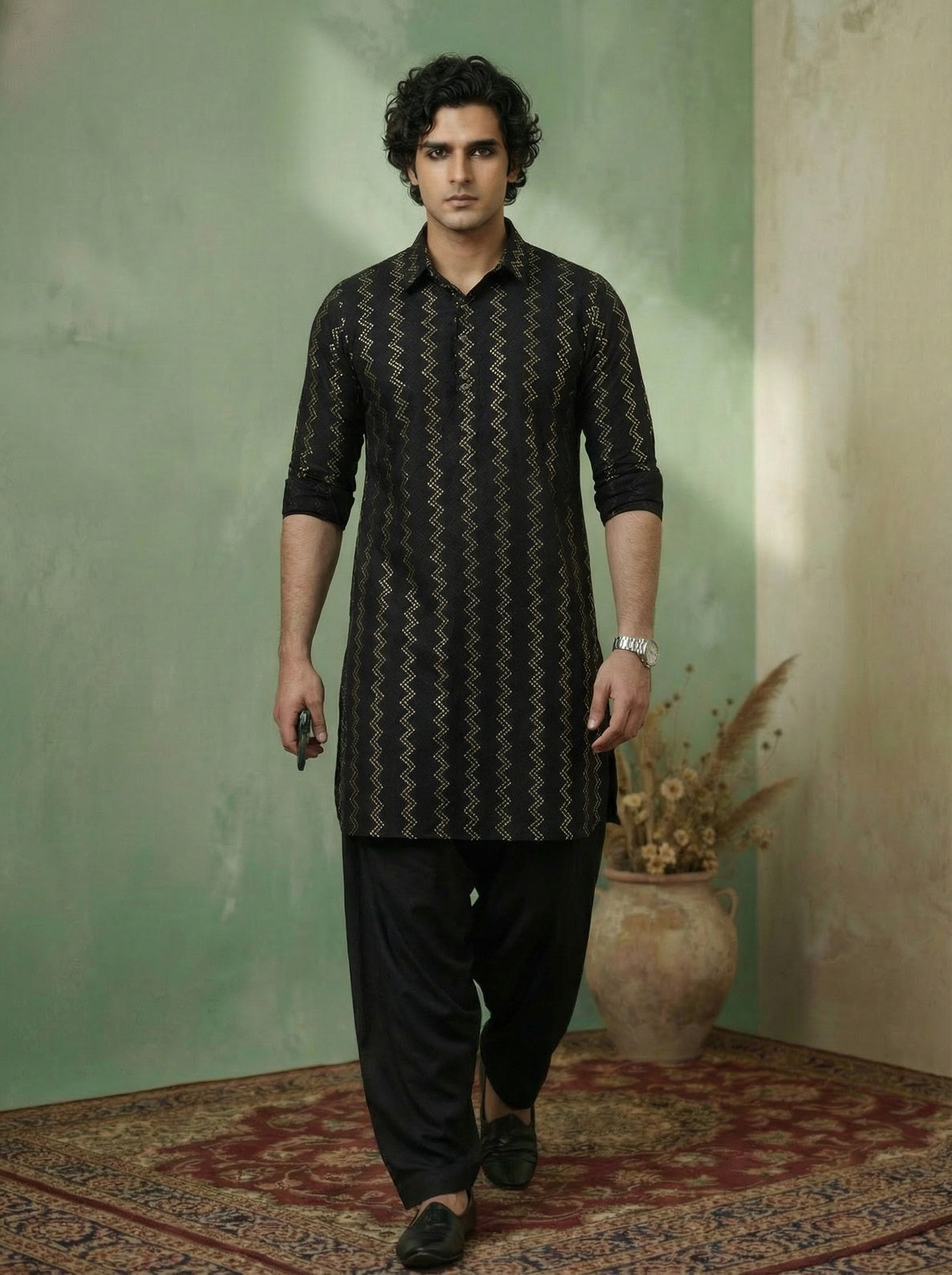 Black Cotton Jacquard Pathani Kurta
