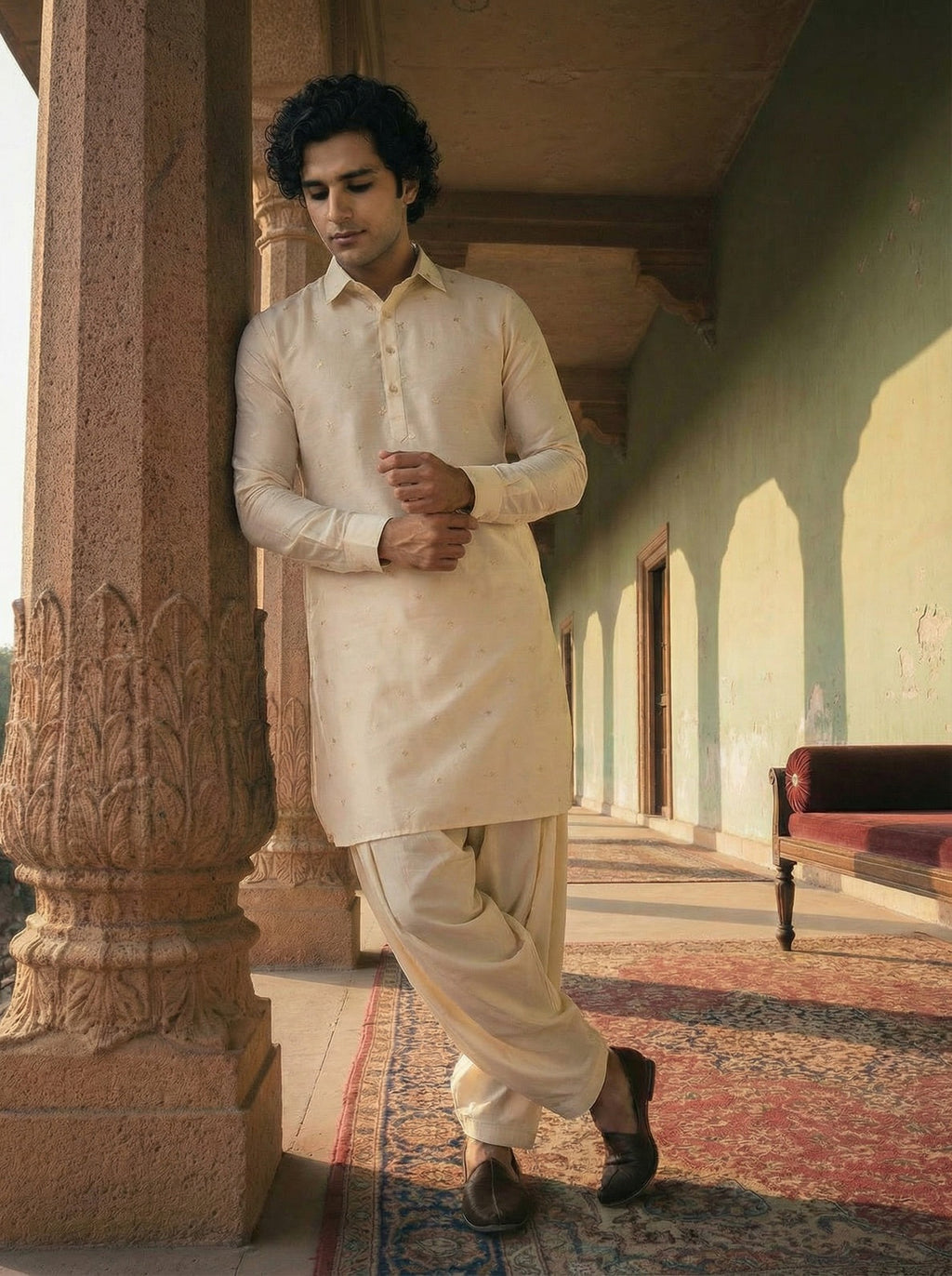 White Viscose Embellished Pathani Kurta Patiyala Set