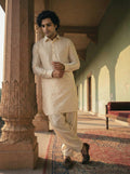 White Viscose Embellished Pathani Kurta Patiyala Set