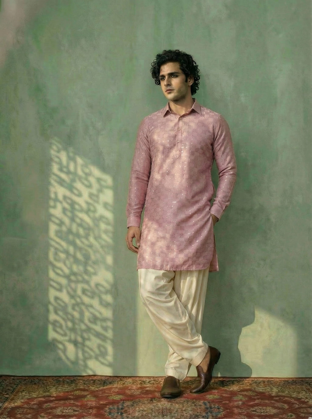 Onion Pink Viscose Embellished Pathani Kurta Patiyala Set