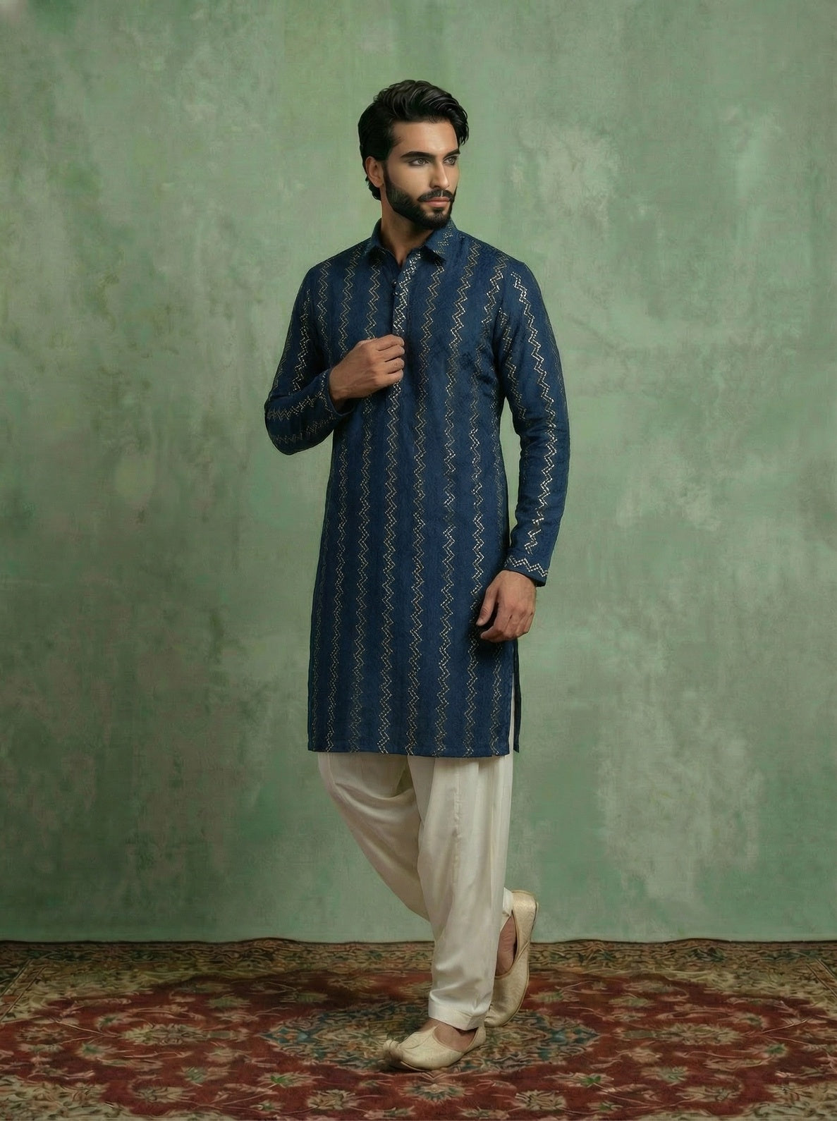 Blue Cotton Jacquard Pathani Kurta