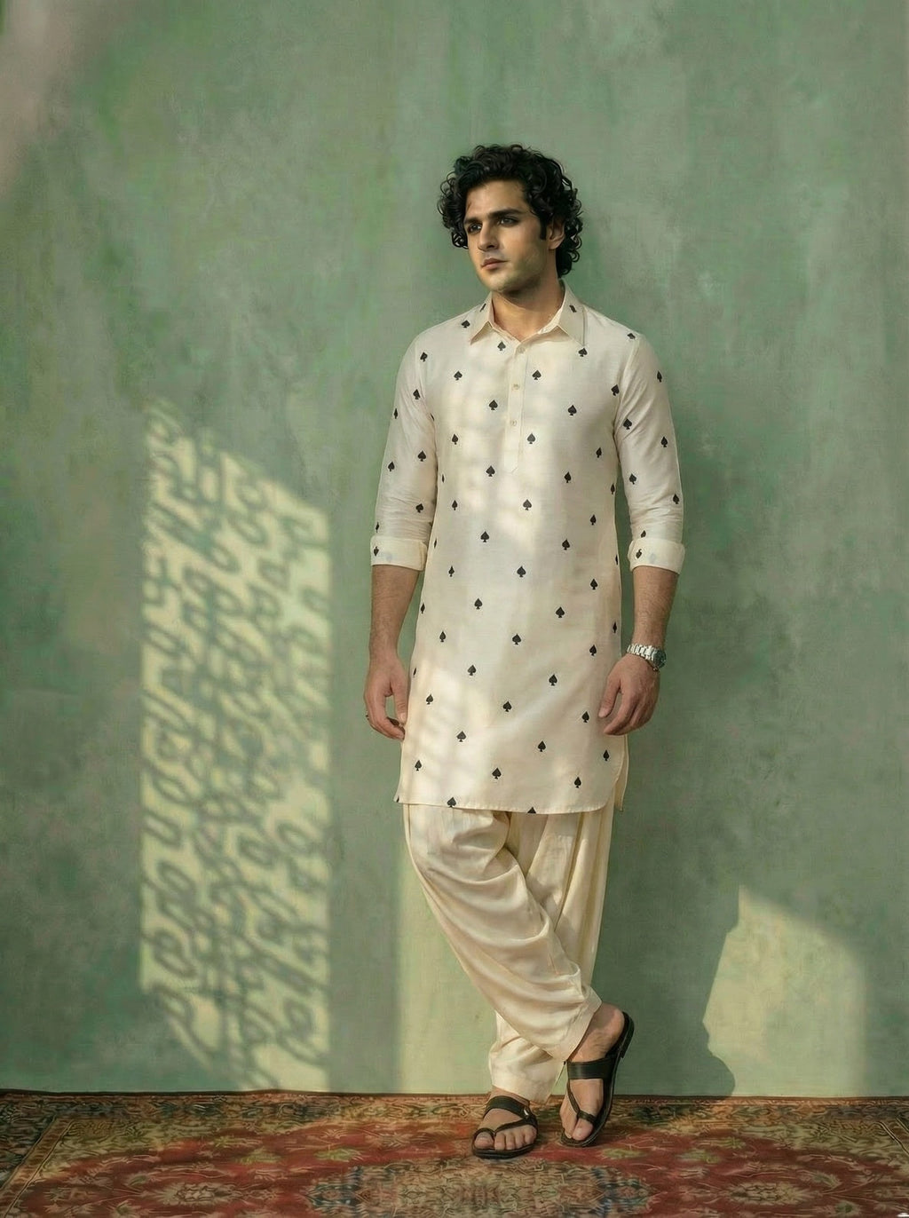 Off-White Cotton Embroidered Pathani Kurta