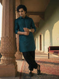 Teal Cotton Jacquard Pathani Kurta