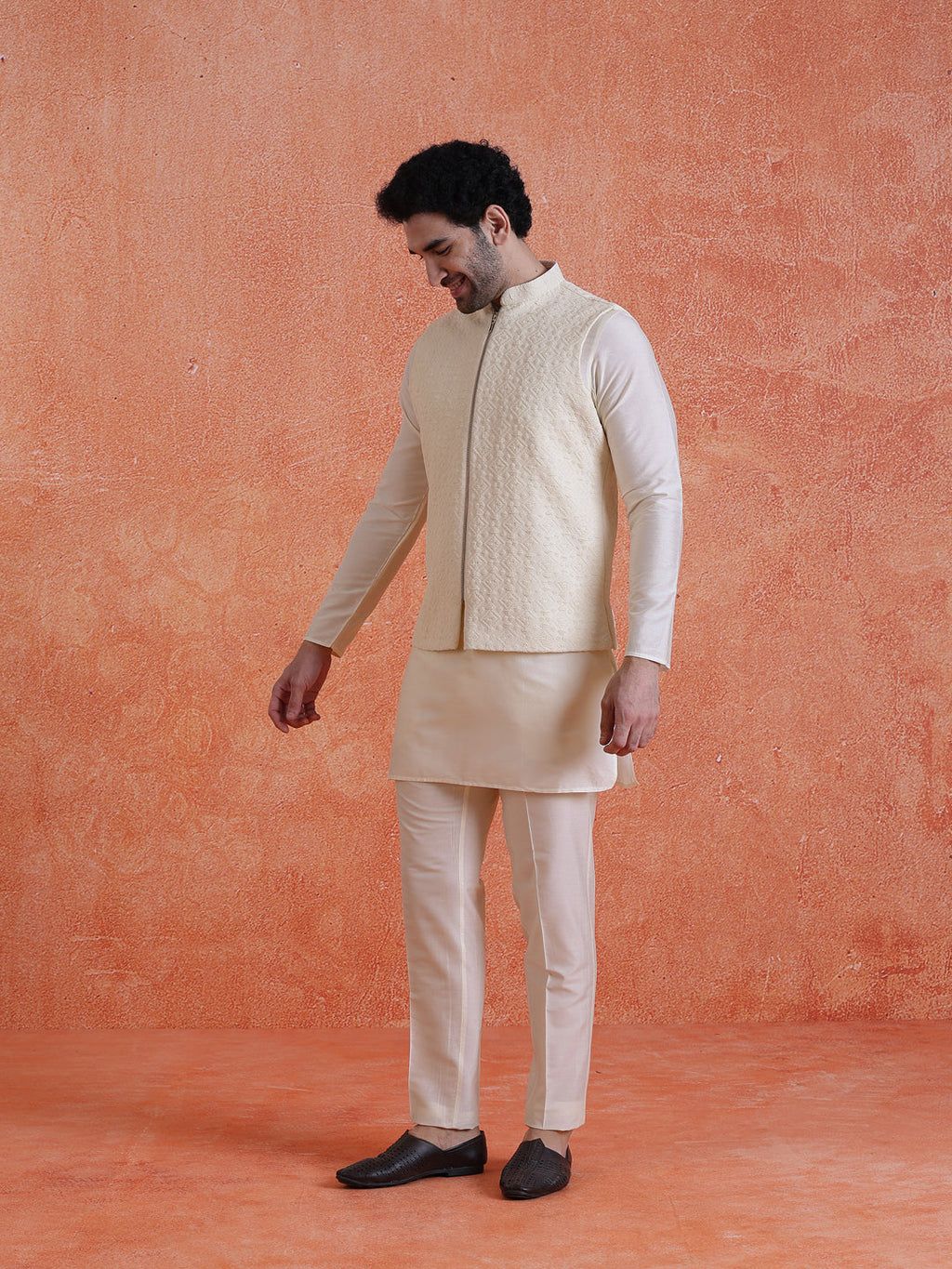 Cream Silk Blend Jacquard Jacket with Zip