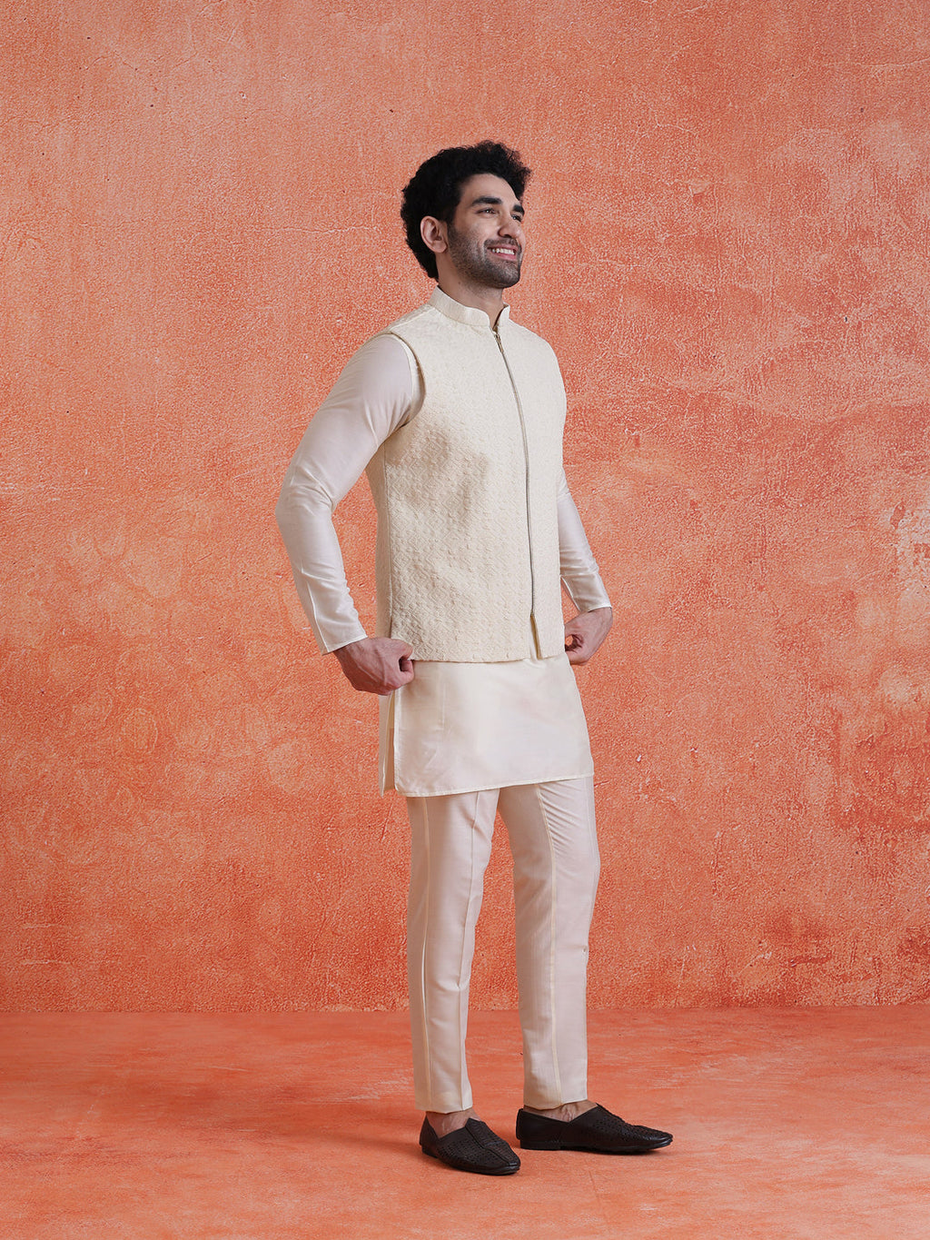 Cream Silk Blend Jacquard Jacket with Zip