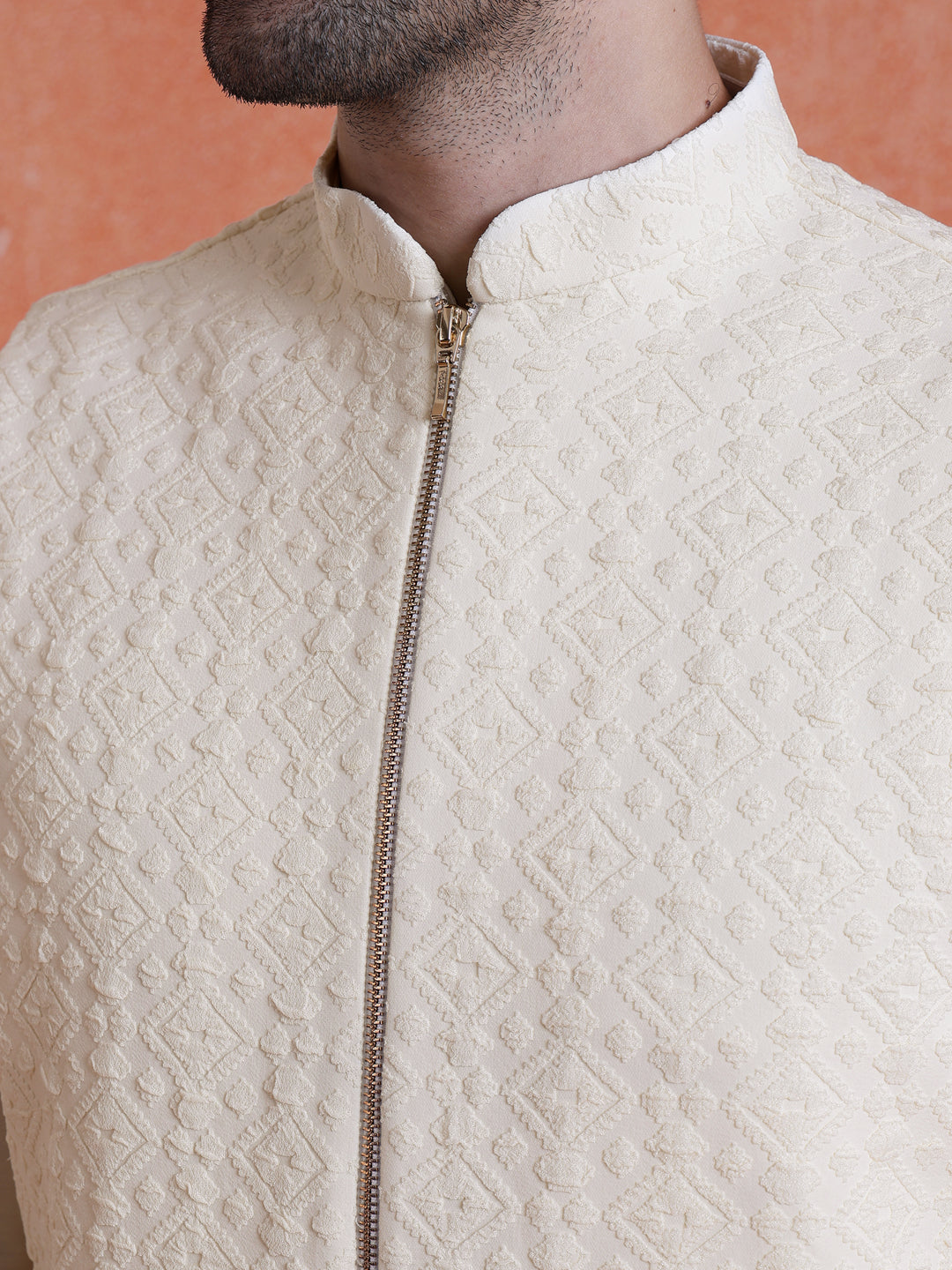 Cream Silk Blend Jacquard Jacket with Zip