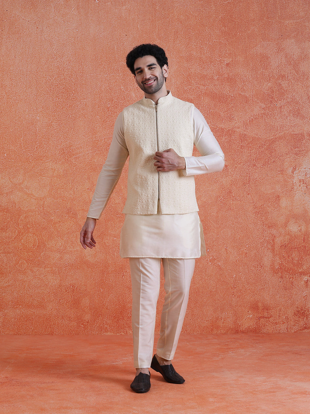 Cream Silk Blend Jacquard Jacket with Zip