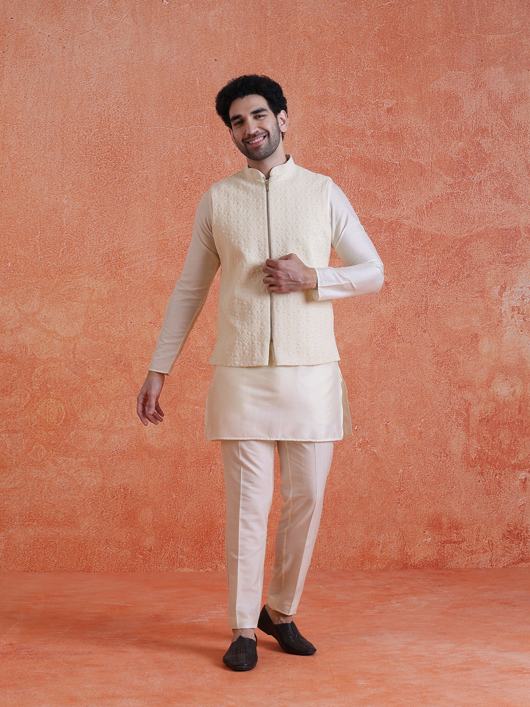 Cream Silk Blend Jacquard Jacket with Zip