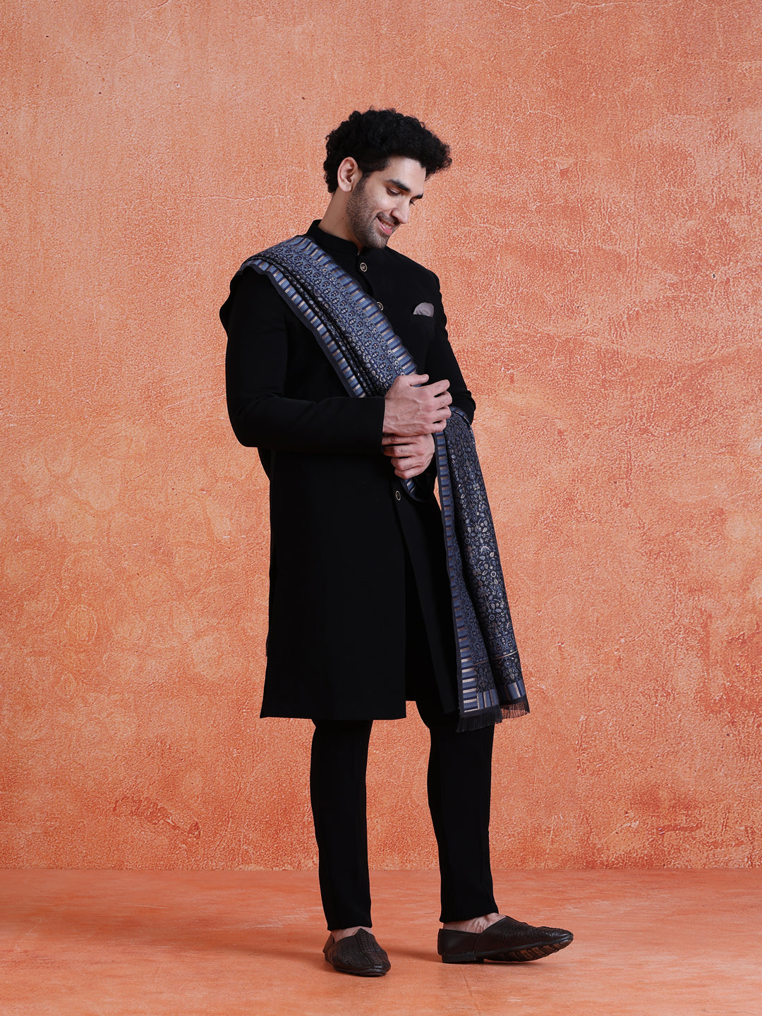 Black Polyester Solid Sherwani Indonesian Trouser Set With Dupatta