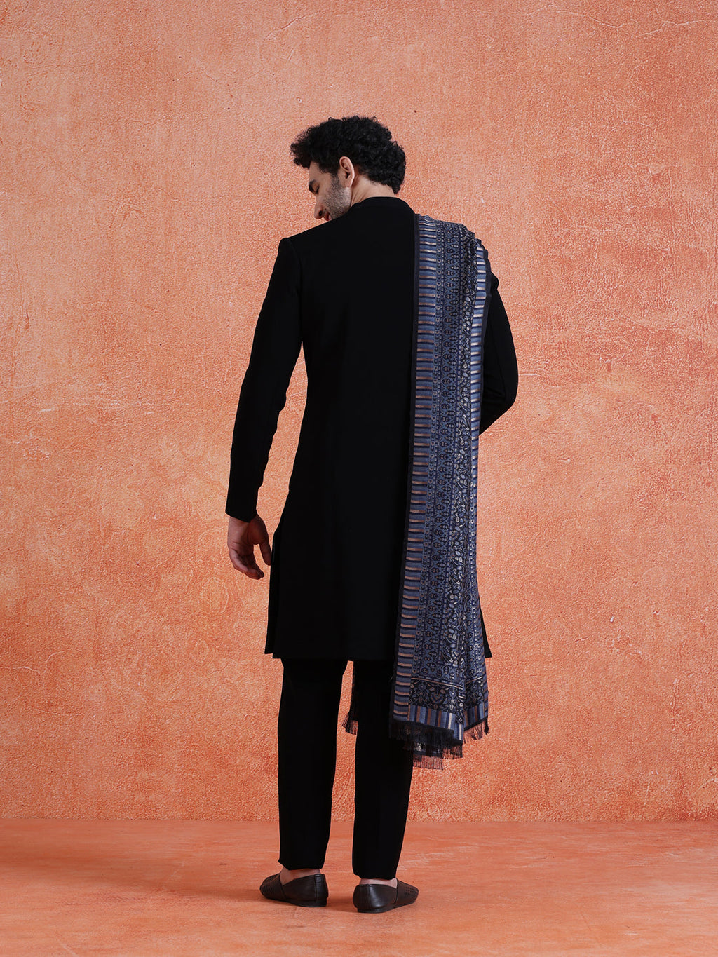 Black Polyester Solid Sherwani Indonesian Trouser Set With Dupatta