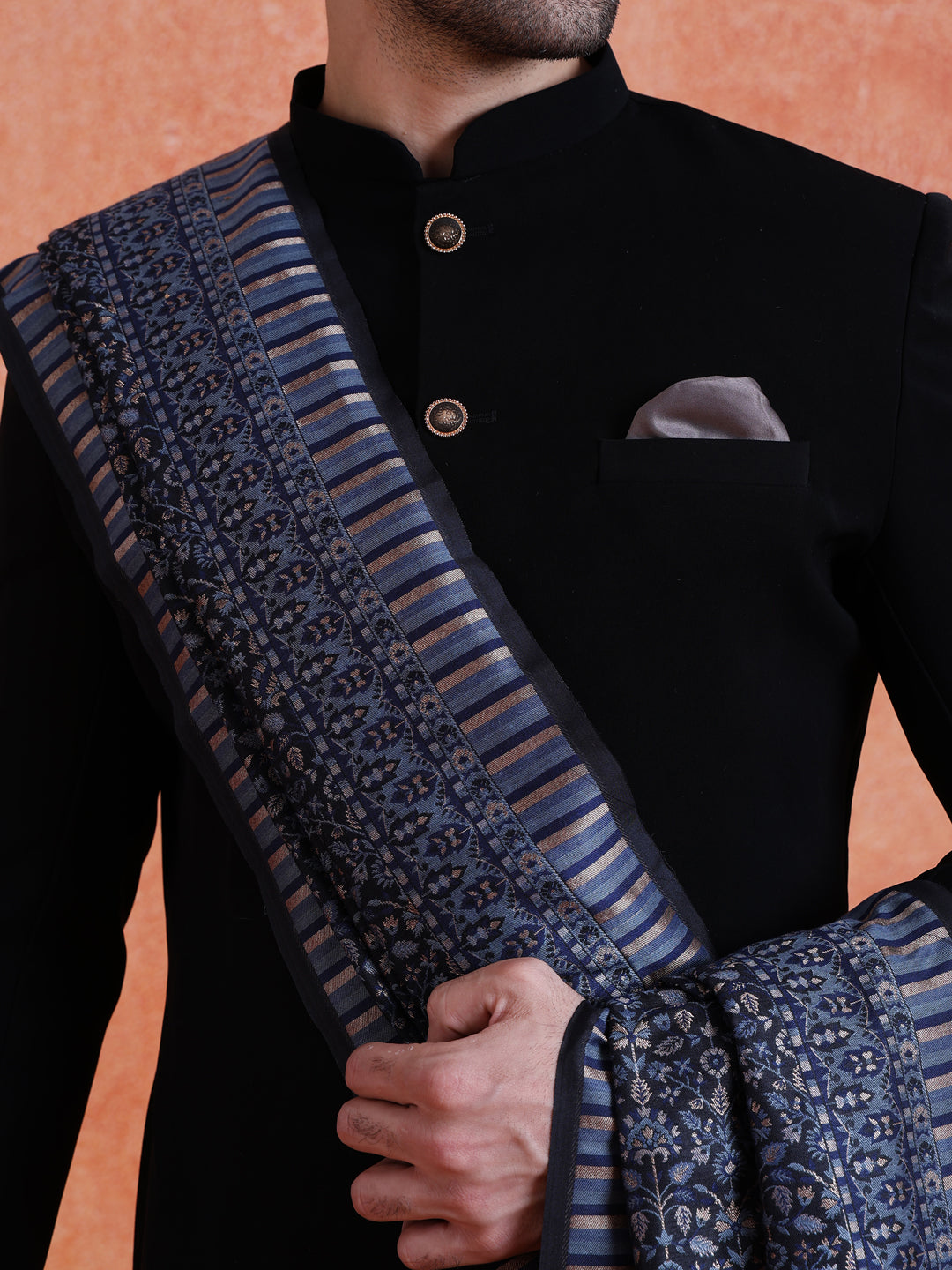 Black Polyester Solid Sherwani Indonesian Trouser Set With Dupatta