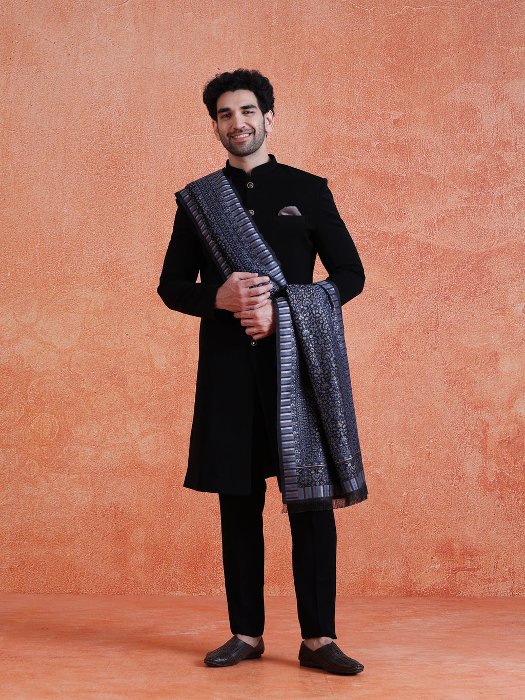 Black Polyester Solid Sherwani Indonesian Trouser Set With Dupatta