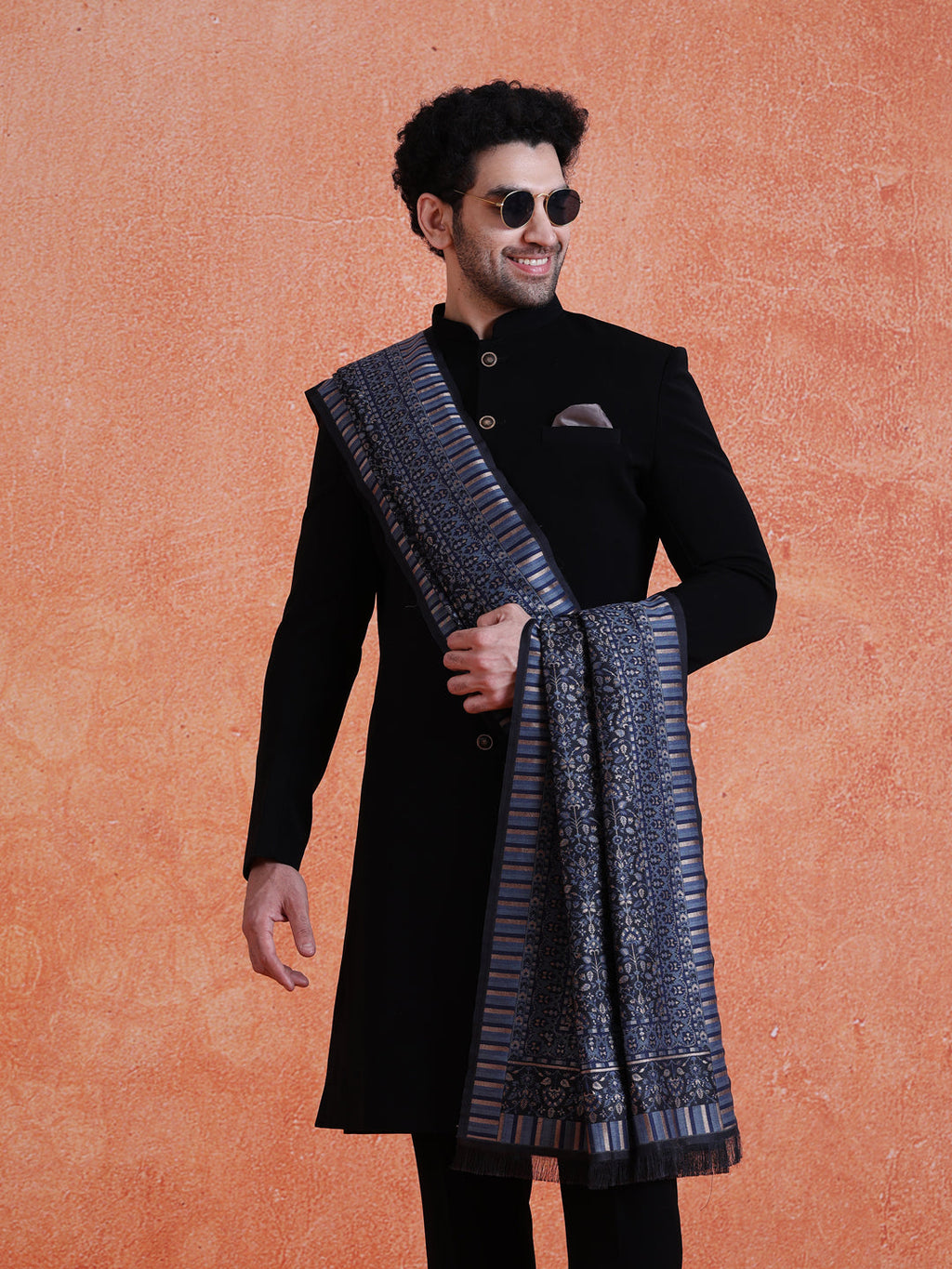 Black Polyester Solid Sherwani Indonesian Trouser Set With Dupatta