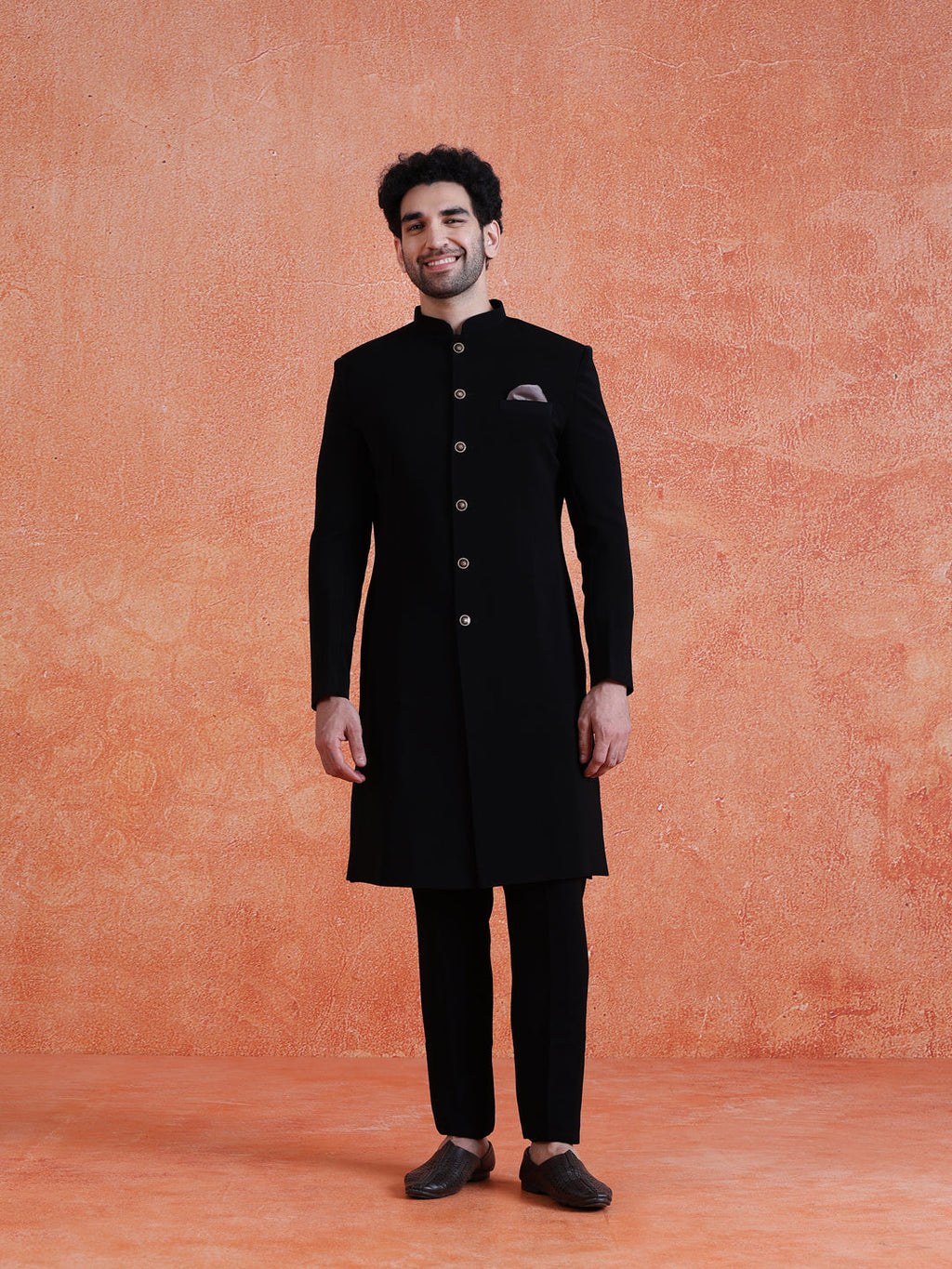 Black Polyester Solid Sherwani Indonesian Trouser Set With Dupatta