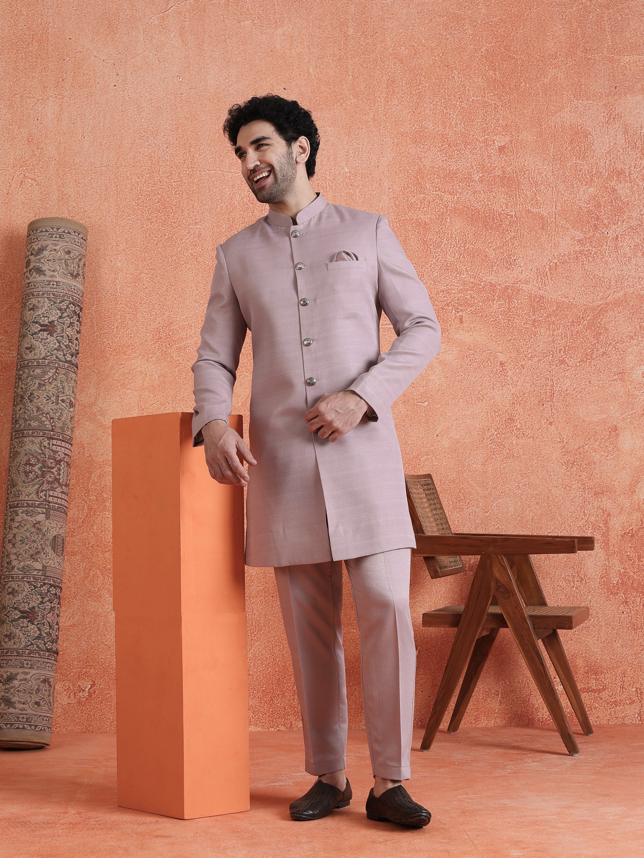Mauve Polyviscose Solid Sherwani Trouser Set