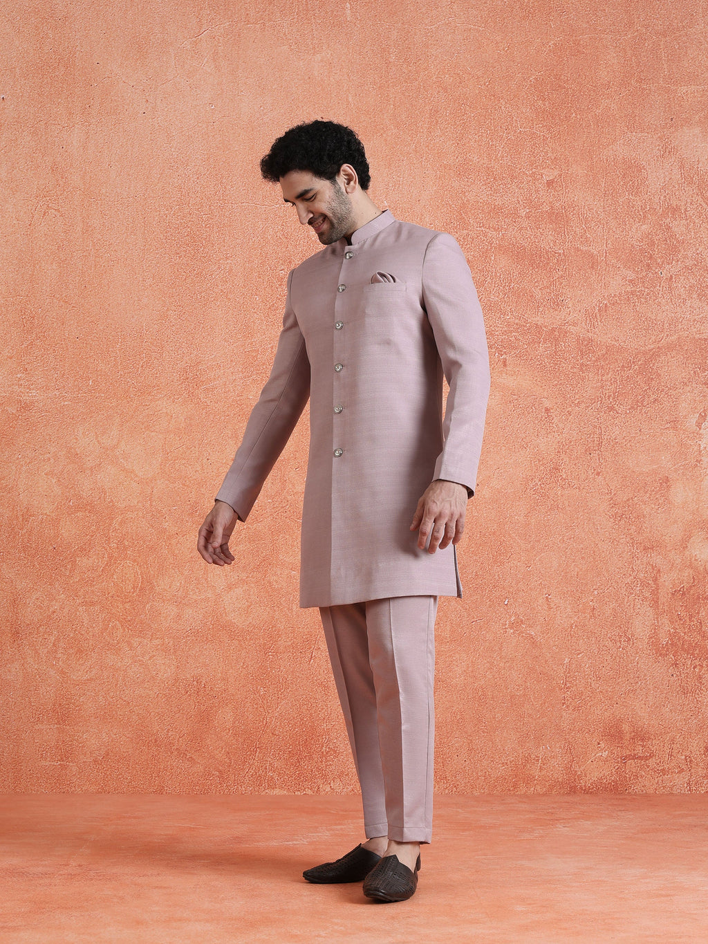Mauve Polyviscose Solid Sherwani Trouser Set