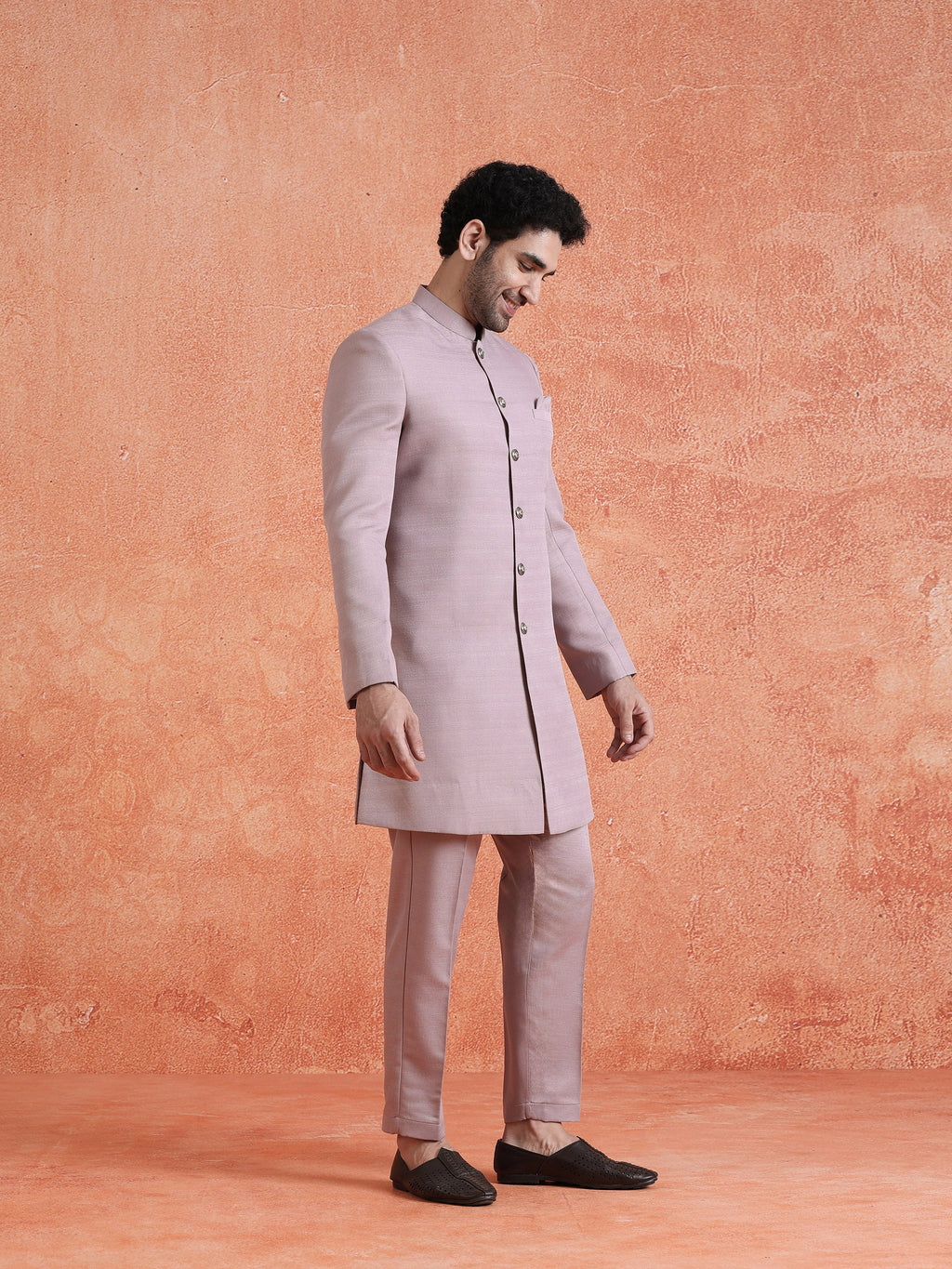 Mauve Polyviscose Solid Sherwani Trouser Set