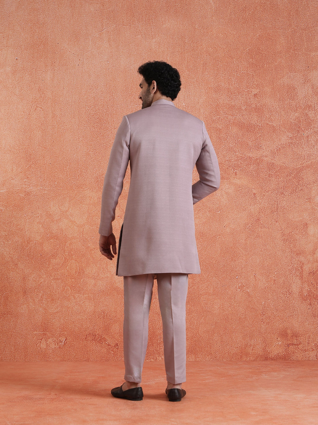 Mauve Polyviscose Solid Sherwani Trouser Set