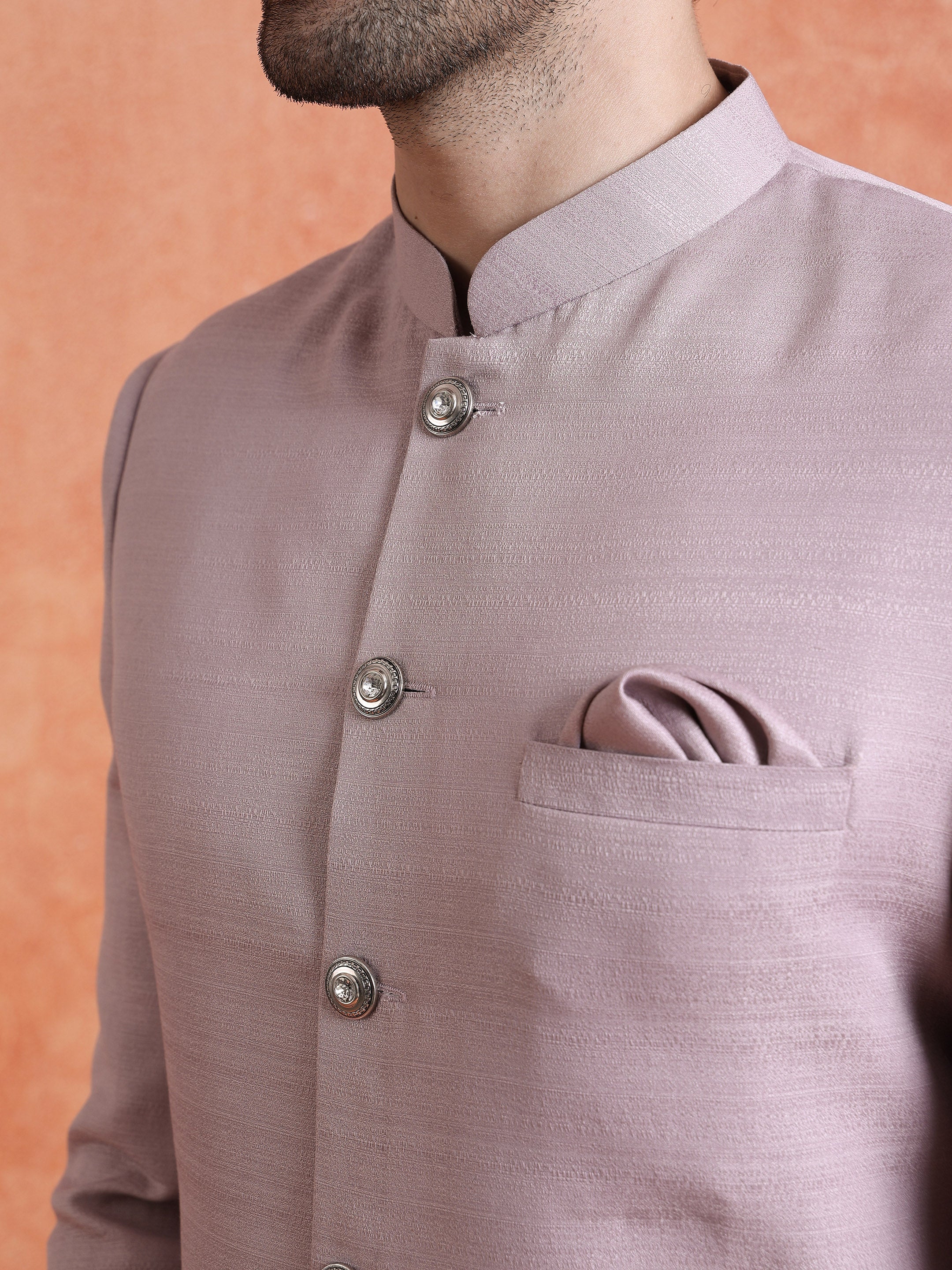 Mauve Polyviscose Solid Sherwani Trouser Set