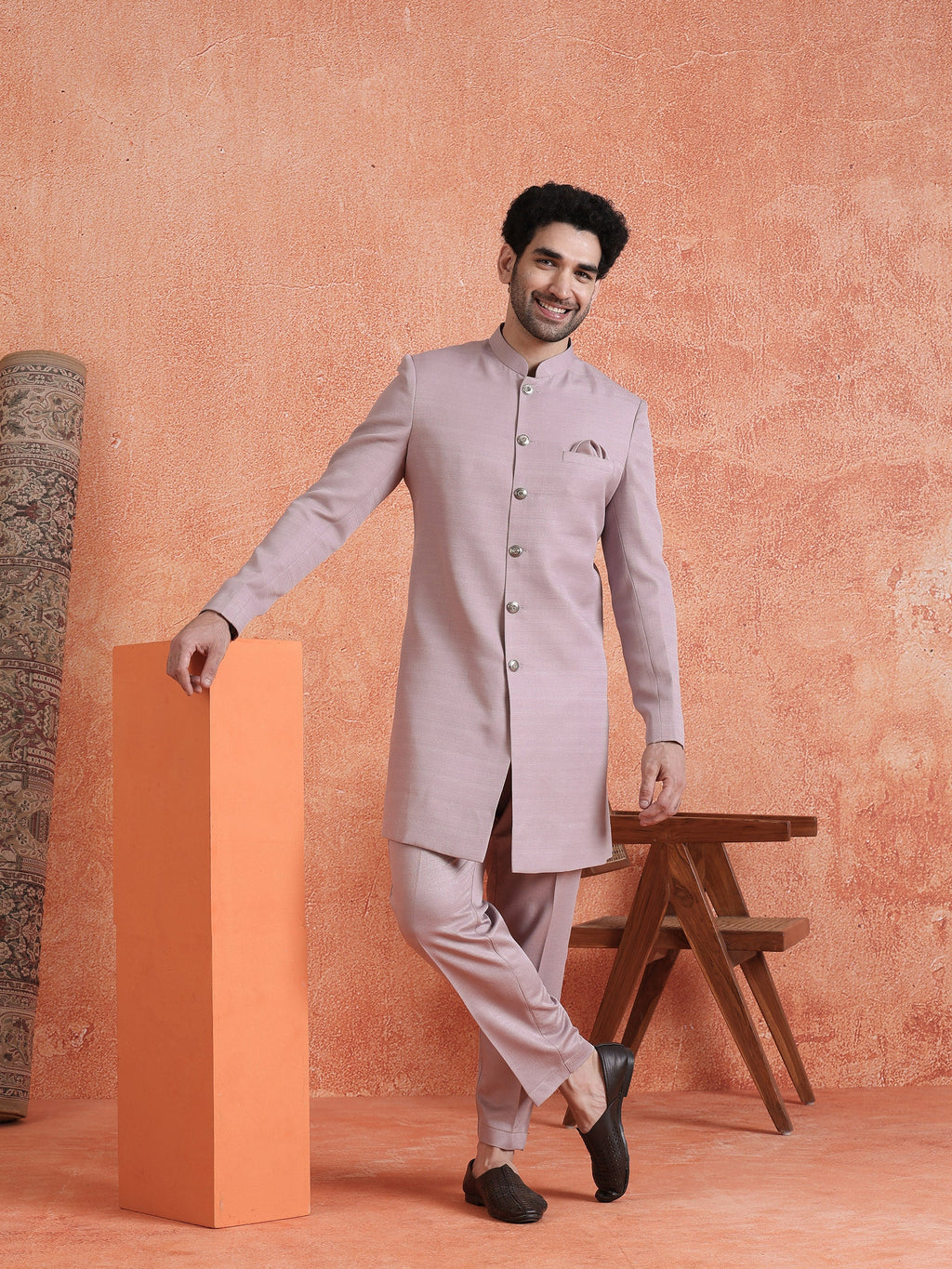 Mauve Polyviscose Solid Sherwani Trouser Set