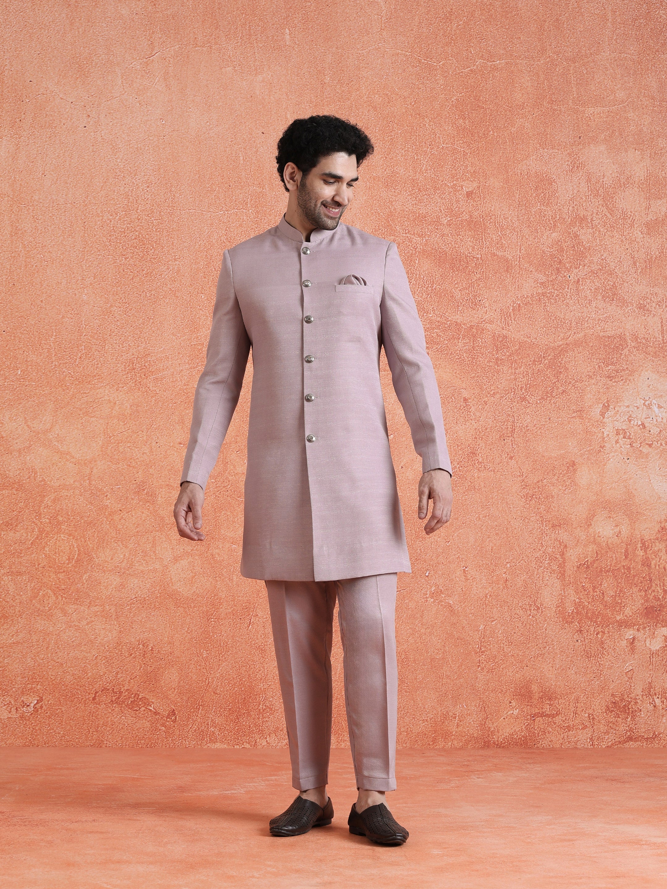 Mauve Polyviscose Solid Sherwani Trouser Set