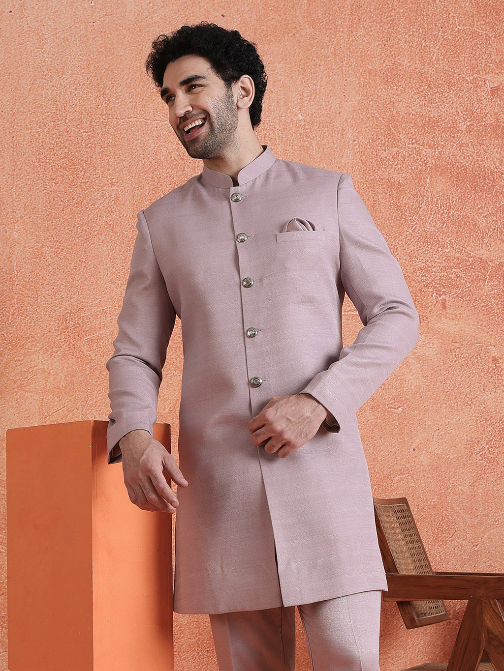 Mauve Polyviscose Solid Sherwani Trouser Set